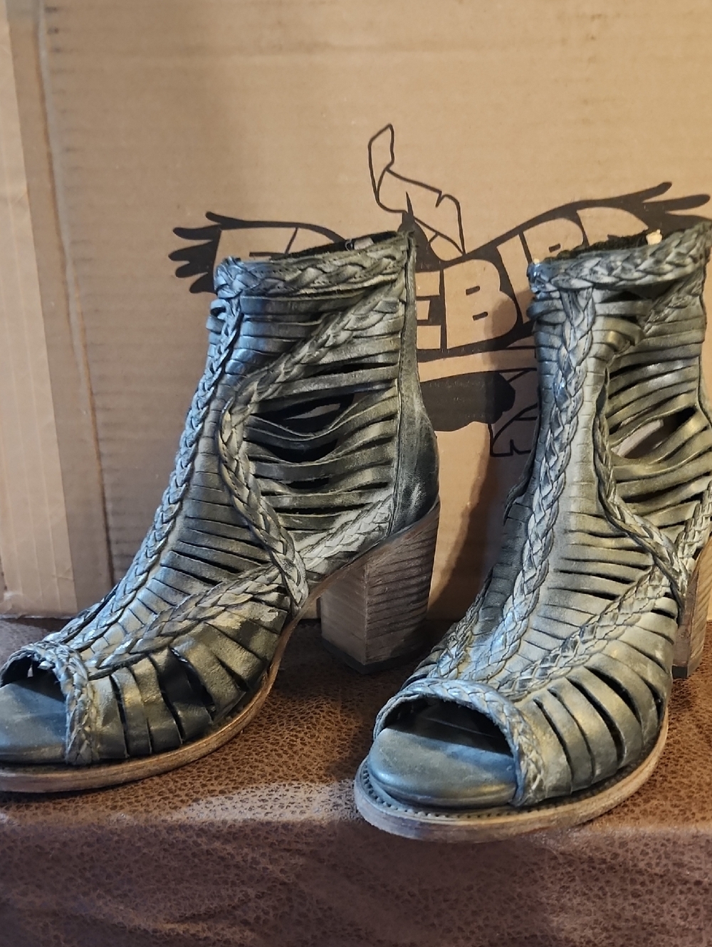 Freebird Bela Size 9 New, Braided Peep-Toe Heeled Booties - Black